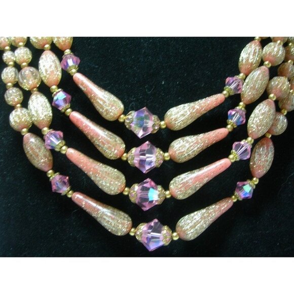 Vintage Multi-Strand Gold & Pink Bead Necklace With Faceted Crystal Accents 17.5 - Picture 4 of 4